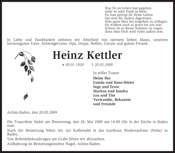 Traueranzeige von Heinz Kettler von KREISZEITUNG SYKE