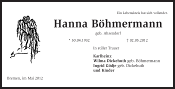 Traueranzeige von Hanna Böhmermann von KREISZEITUNG SYKE