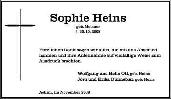 Traueranzeige von Sophie Heins von KREISZEITUNG SYKE