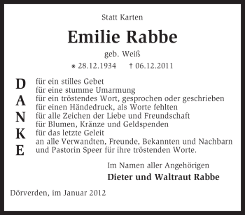 Traueranzeige von Emilie Rabbe von KREISZEITUNG SYKE