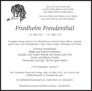 Traueranzeige von Friedhelm Freudenthal von KREISZEITUNG SYKE