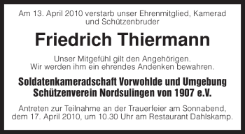 Traueranzeige von Friedrich Thiermann von KREISZEITUNG SYKE