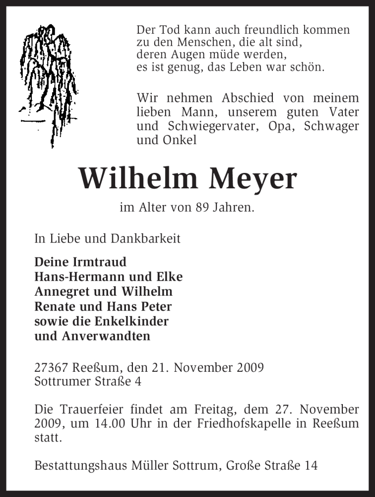  Traueranzeige für Wilhelm Meyer vom 24.11.2009 aus KREISZEITUNG SYKE