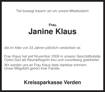 Traueranzeige von Janine Klaus von KREISZEITUNG SYKE