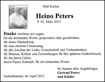 Traueranzeige von Heino Peters von KREISZEITUNG SYKE