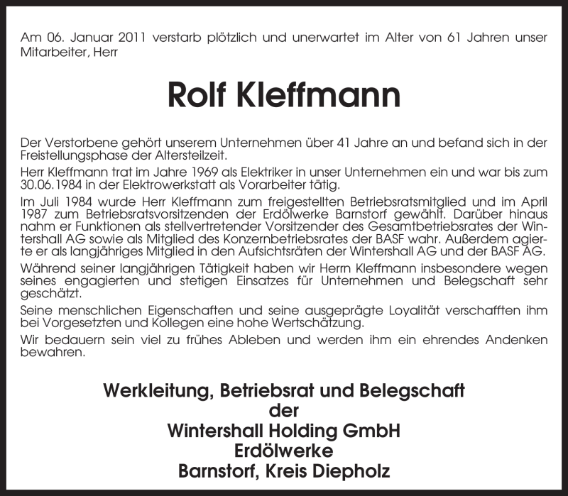  Traueranzeige für Rolf Kleffmann vom 12.01.2011 aus KREISZEITUNG SYKE