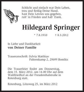 Traueranzeige von Hildegard Springer von KREISZEITUNG SYKE