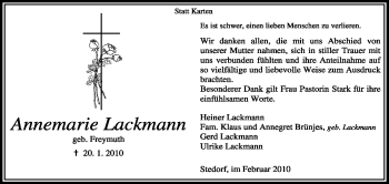 Traueranzeige von Annemarie Lackmann von KREISZEITUNG SYKE