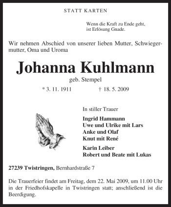 Traueranzeige von Johanna Kuhlmann von KREISZEITUNG SYKE
