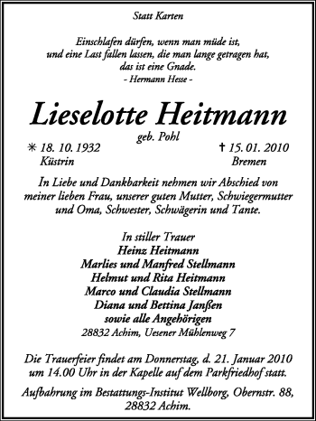 Traueranzeige von Lieselotte Heitmann von KREISZEITUNG SYKE