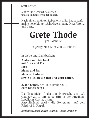 Traueranzeige von Grete Thode von KREISZEITUNG SYKE