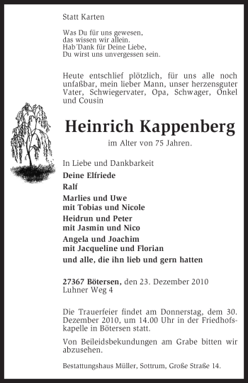 Traueranzeige von Heinrich Kappenberg von KREISZEITUNG SYKE