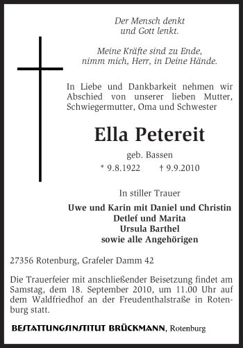 Traueranzeige von Ella Petereit von KREISZEITUNG SYKE