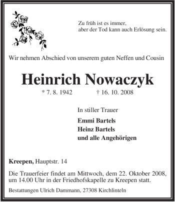 Traueranzeige von Heinrich Nowaczyk von KREISZEITUNG SYKE