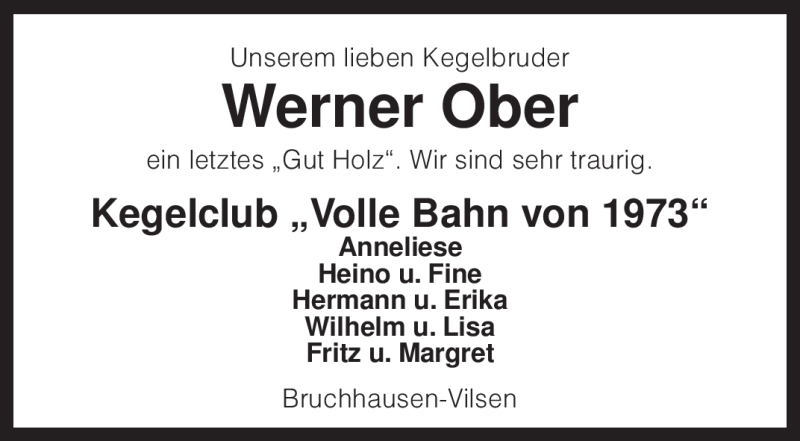  Traueranzeige für Werner Ober vom 12.08.2010 aus KREISZEITUNG SYKE