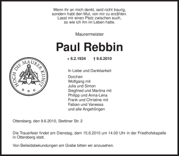 Traueranzeige von Paul Rebbin von KREISZEITUNG SYKE