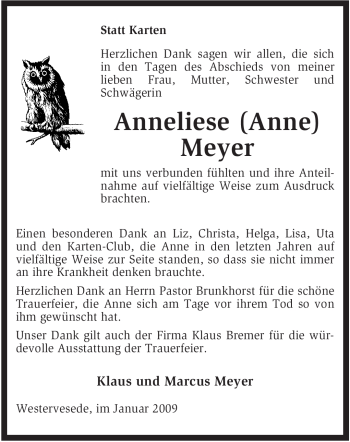 Traueranzeige von Anneliese Meyer von KREISZEITUNG SYKE