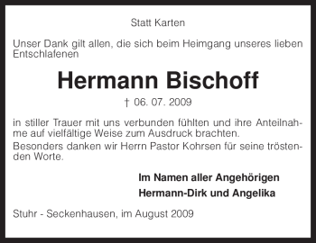 Traueranzeige von Hermann Bischoff von KREISZEITUNG SYKE