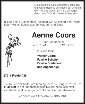 Traueranzeige von Aenne Coors von KREISZEITUNG SYKE