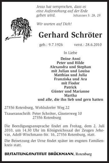 Traueranzeige von Gerhard Schröter von KREISZEITUNG SYKE