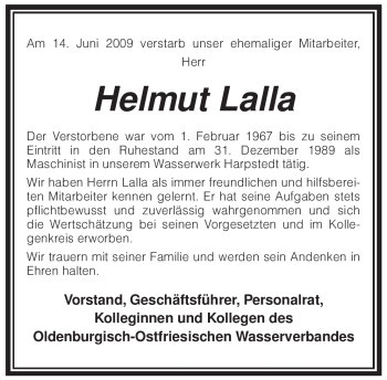 Traueranzeige von Helmut Lalla von KREISZEITUNG SYKE