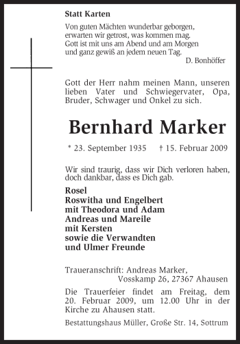 Traueranzeige von Bernhard Marker von KREISZEITUNG SYKE