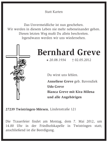 Traueranzeige von Bernhard Greve von KREISZEITUNG SYKE