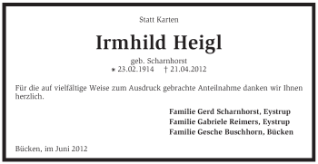 Traueranzeige von Irmhild Heigl von KREISZEITUNG SYKE