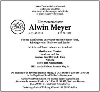 Traueranzeige von Alwin Meyer von KREISZEITUNG SYKE