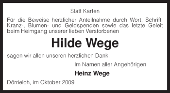 Traueranzeige von Hilde Wege von KREISZEITUNG SYKE