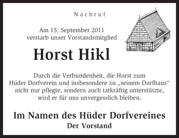 Traueranzeige von Horst Hikl von KREISZEITUNG SYKE