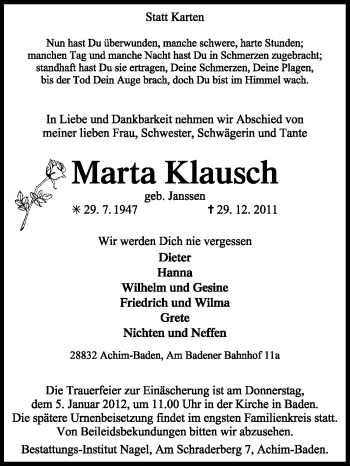 Traueranzeige von Marta Klausch von KREISZEITUNG SYKE