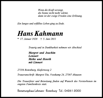 Traueranzeige von Hans Kahmann von KREISZEITUNG SYKE