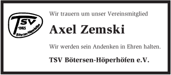 Traueranzeige von Axel Zemski von KREISZEITUNG SYKE