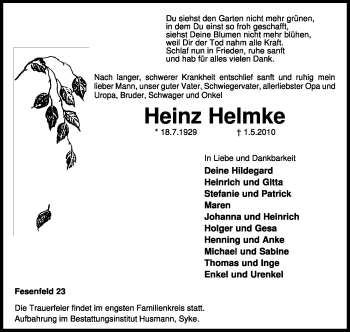 Traueranzeige von Heinrich Helmke von KREISZEITUNG SYKE