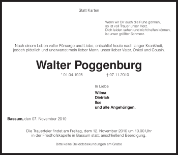 Traueranzeige von Walter Poggenburg von KREISZEITUNG SYKE