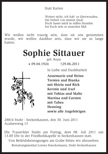 Traueranzeige von Sophie Sittauer von KREISZEITUNG SYKE