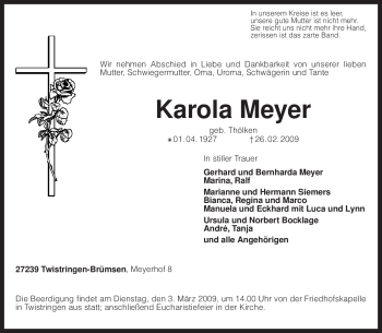 Traueranzeige von Karola Meyer von KREISZEITUNG SYKE
