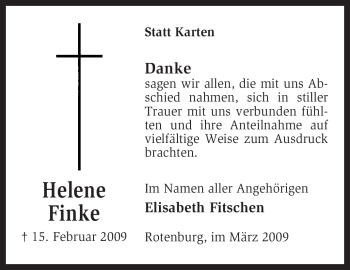 Traueranzeige von Helene Finke von KREISZEITUNG SYKE