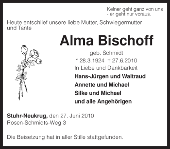 Traueranzeige von Alma Bischoff von KREISZEITUNG SYKE