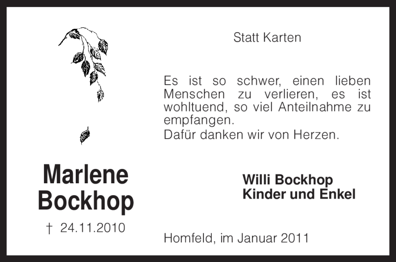  Traueranzeige für Marlene Bockhop vom 08.01.2011 aus KREISZEITUNG SYKE