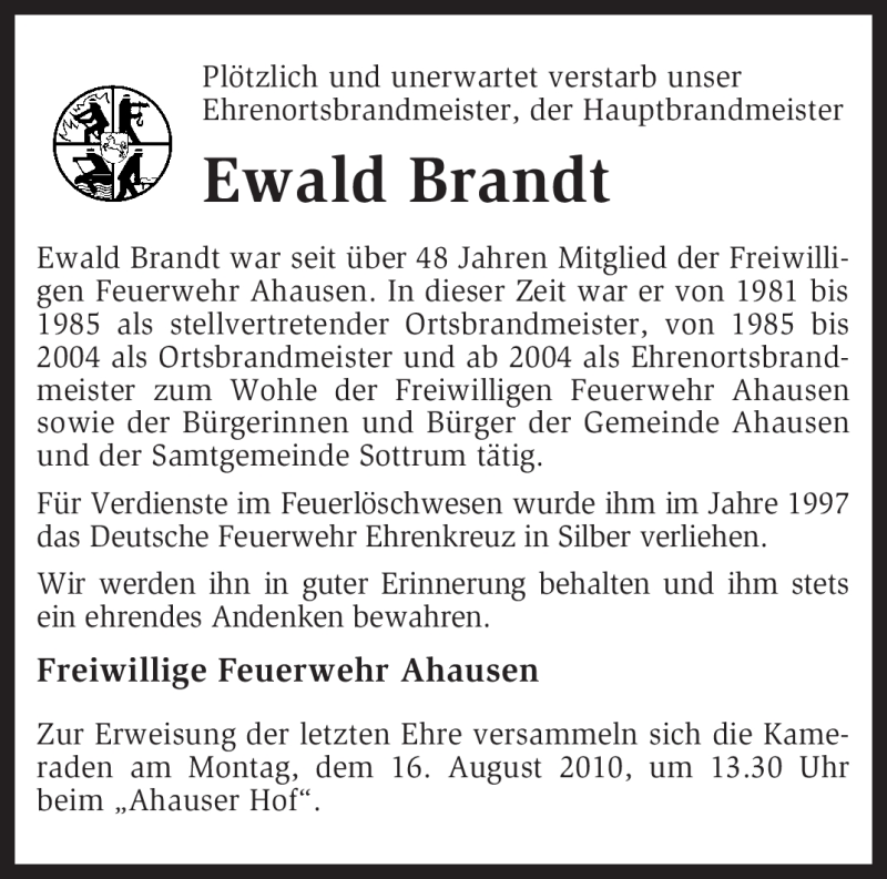  Traueranzeige für Ewald Brandt vom 12.08.2010 aus KREISZEITUNG SYKE