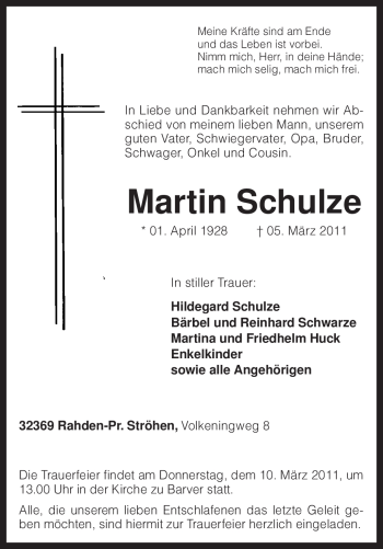 Traueranzeige von Martin Schulze von KREISZEITUNG SYKE