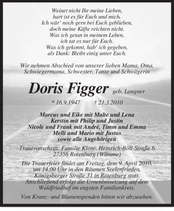 Traueranzeige von Doris Figger von KREISZEITUNG SYKE
