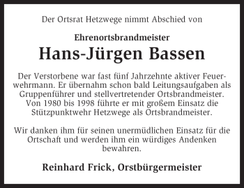 Traueranzeige von Hans-Jürgen Bassen von KREISZEITUNG SYKE