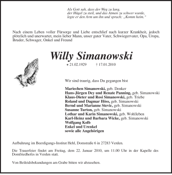 Traueranzeige von Willy Simanowski von KREISZEITUNG SYKE