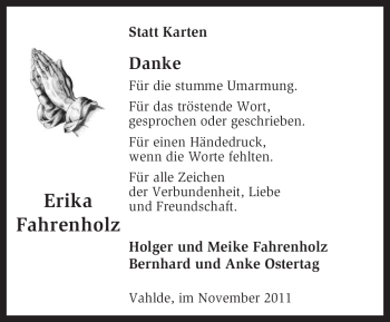 Traueranzeige von Erika Fahrenholz von KREISZEITUNG SYKE