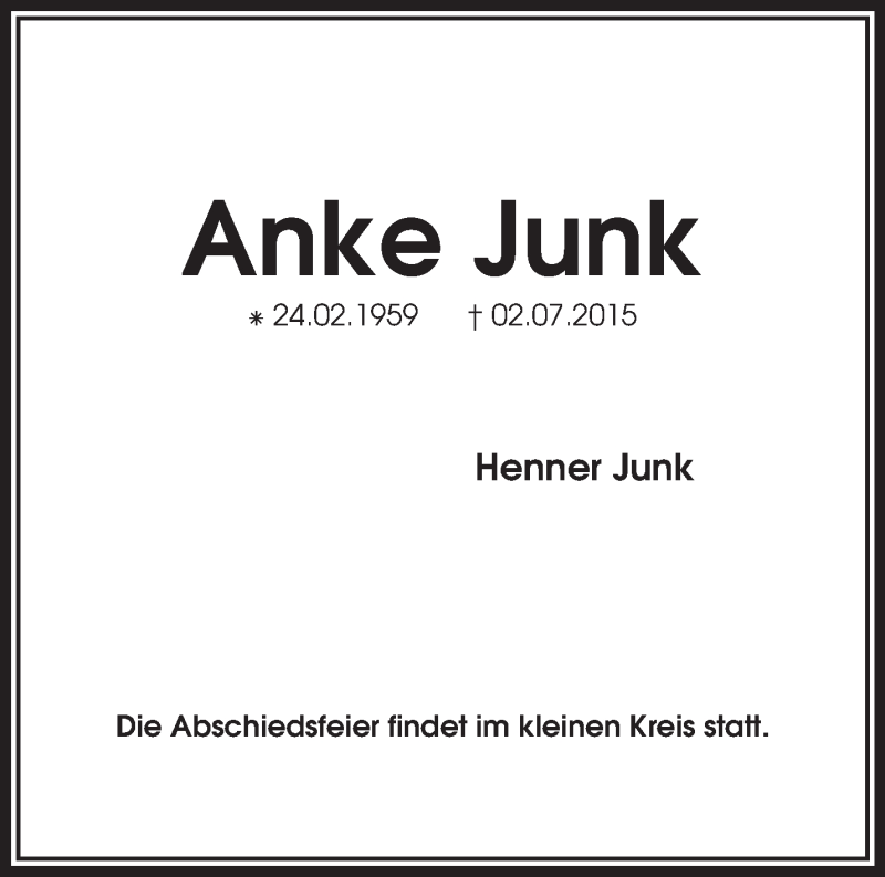  Traueranzeige für Anke Junk vom 11.07.2015 aus KRZ