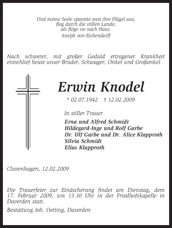 Traueranzeige von Erwin Knodel von KREISZEITUNG SYKE