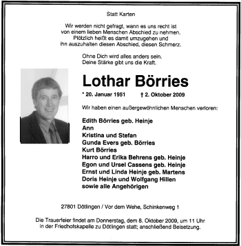 Traueranzeige von Lothar Börries von KREISZEITUNG SYKE